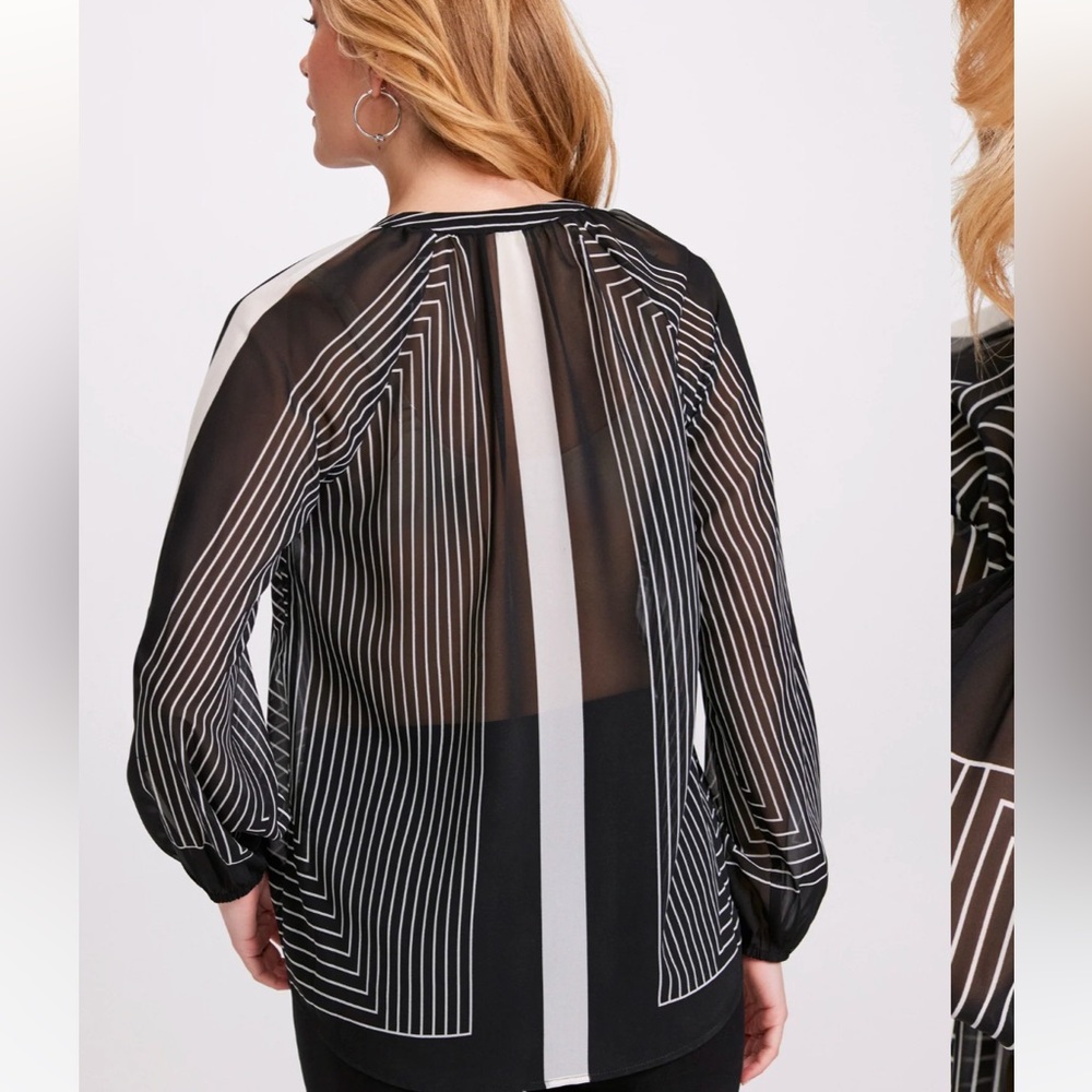 Laura Mixed Stripe Button-Down Sheer Blouse Black and White Pattern - Picture 4 of 13